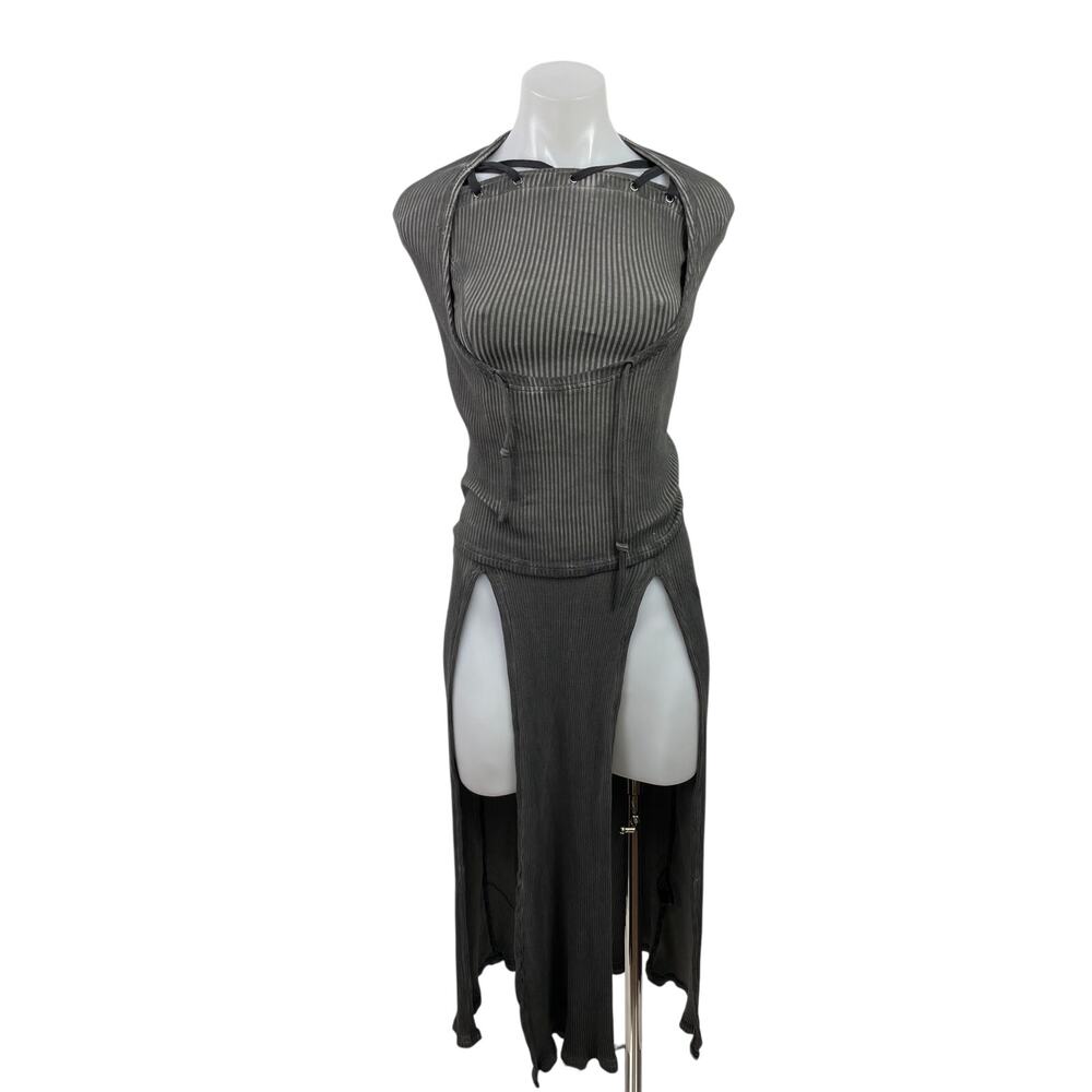 Dolls Kill Darker Wavs Gray Ribbed Hooded Sleeveless Slit Maxi Bodycon Dress XS